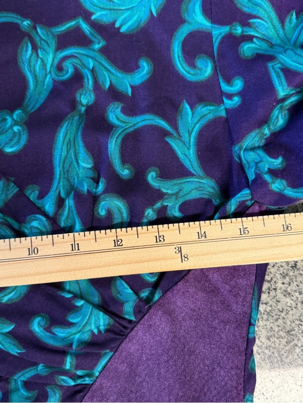 Patty O’Neil VTG 80s Purple Teal Baroque Print Rayon Dress w/ Suede Trim | Sz 6 - Picture 7 of 12